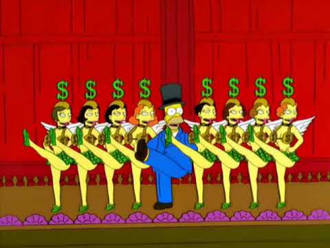 "homer simpson wearing a suit and a top hat does a chorus line with a bunch of women with $ hats"