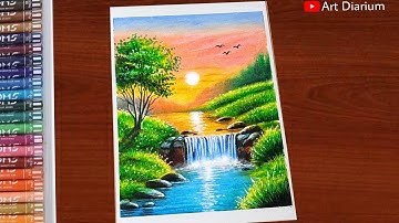 Waterfall Scenery Drawing with Oil Pastel | Step-by-Step #doms