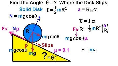 Physics 13.1  Moment of Inertia Application (11 of 11) Angle=? When Disk Slips (mu=0.1)
