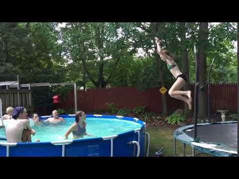 Vibes girl tries to jump from trampoline to pool but slides on edge of pool