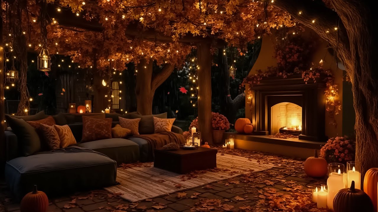 Autumn Porch Rain & Fireplace Glow 🍂 Dreamy Fall Nights for Focus and ...