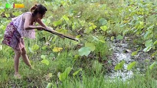 Primitive technology Beautiful Girl Hunting Fish In Water - hunting by Spear And Catch Fish