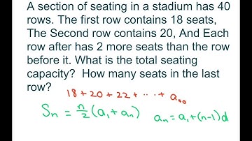 Seating in a stadium. How many seats in the last row. What is total seating capacity?