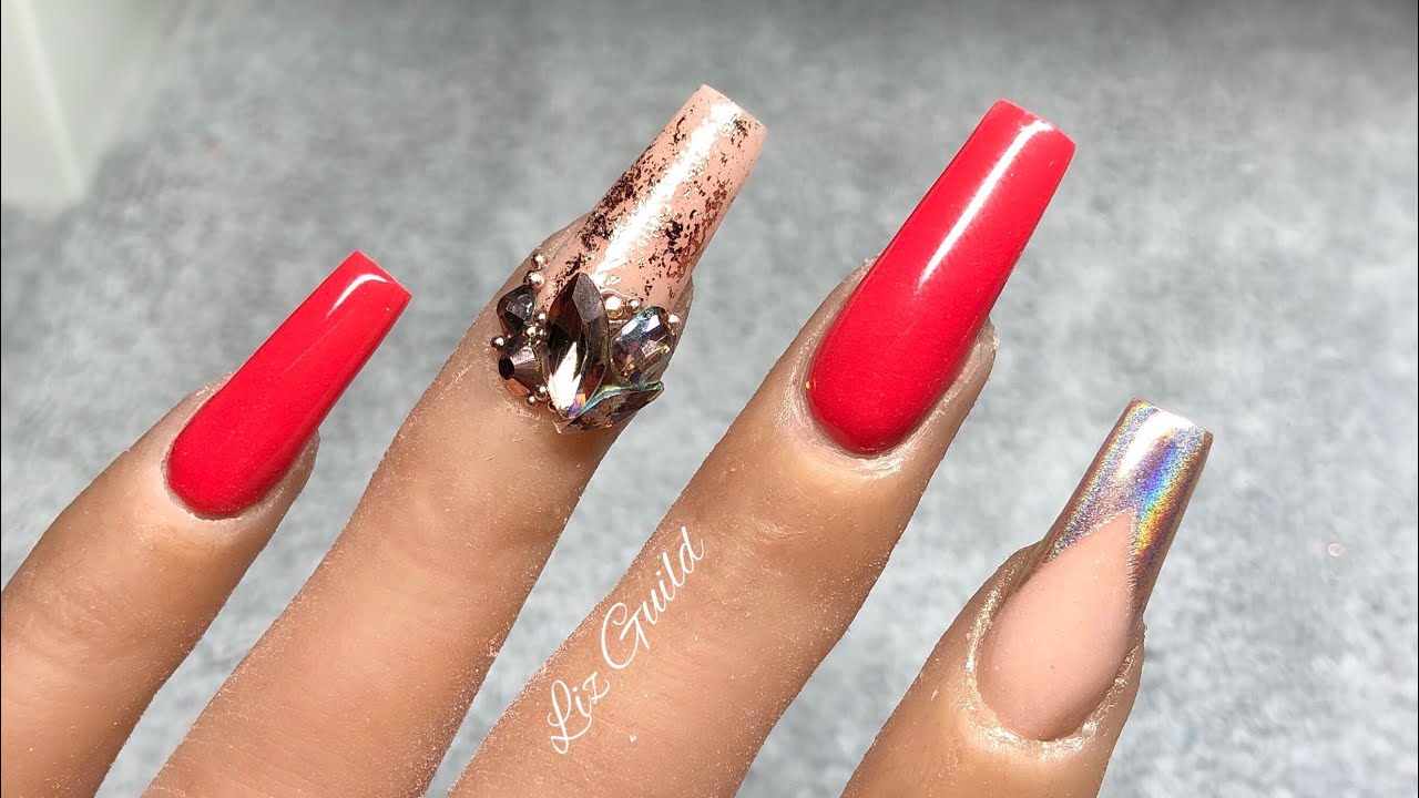 Red And Rose Gold Acrylic Nails Holo Chrome Smile Lime Youtube