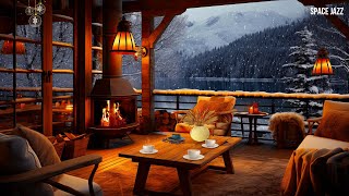 Winter Cozy Coffee Cabin in Snowfall Ambience ? Slow Jazz Music & Fireplace Sounds to Sleep, Chill