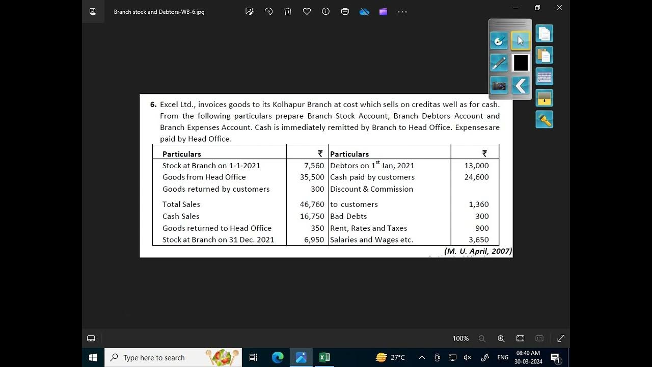 simple-problem-on-branch-account-by-stock-and-debtors-method-youtube