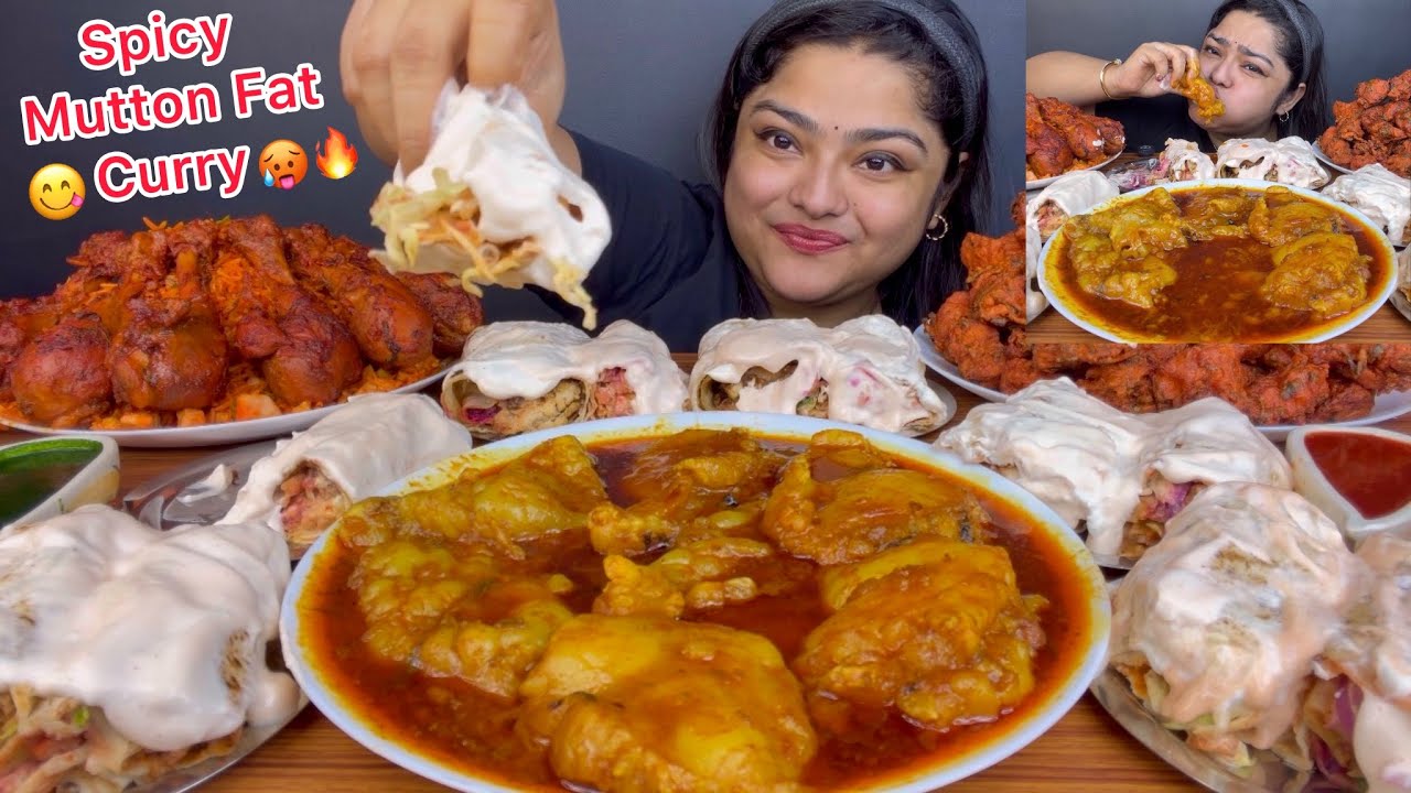 CHICKEN MALAI BOTI SHAWARMA WITH SPICY MUTTON FAT CURRY, SCHEZWAN FRIED RICE, CHICKEN PAKODA, EATING