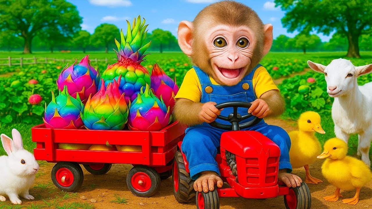 MACACO BIBI gosta de conduzir um carro com pitaias coloridas com os amigos no jardim