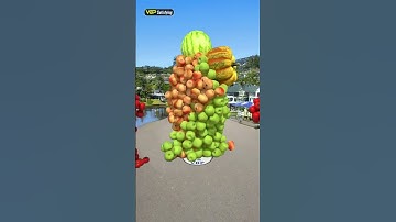 Vegetable and fruit characters stand up, walk, collide and shatter... 3D special effects