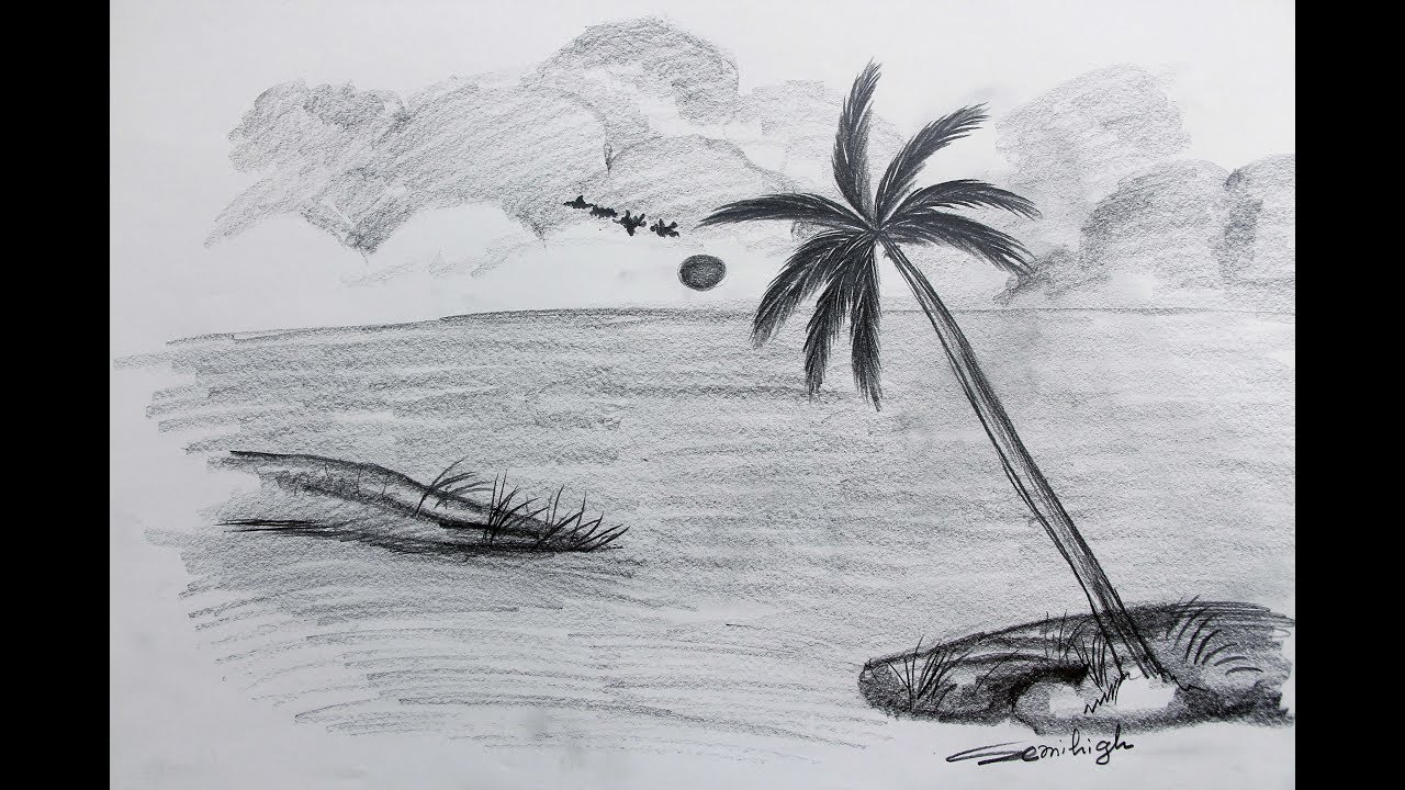 Seashore Drawing  Sea Pencil Drawing  Pencil Sketch  YouTube