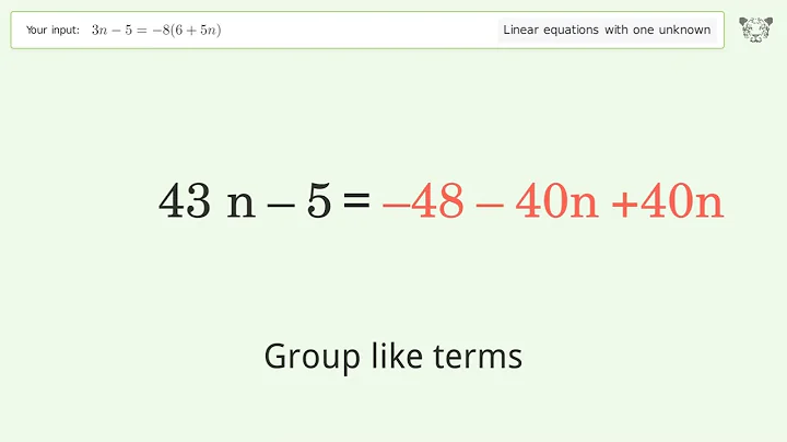 Linear equation with one unknown: Solve 3n-5=-8(6+5n) step-by-step solution