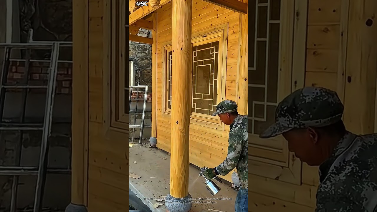 Spray Painting a Wooden Beam for Protection  Satisfying Wood Treatment