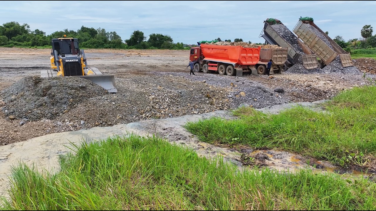 Wow Amazing Work!!DumpTruck 25 TON Delivery Stone Filling In Lake With Bulldozer SHANTUI Push