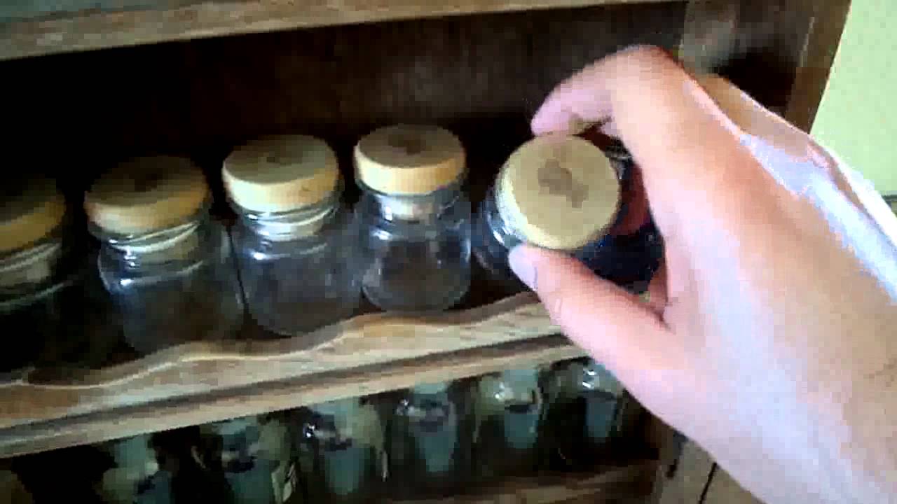 Antique Spice Rack Cabinet With 18 Bottles - YouTube