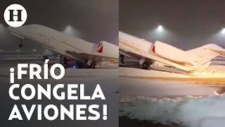 Aviones en Alemania se congela y quedan pegados al piso ante fuertes nevadas y frío