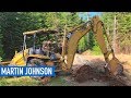 PULLING STUMPS WITH A BACKHOE | Family Builds House in the Mountains