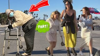 Bad Grandpa Blows WET Farts On People At The Beach!! (They Run In Terror)