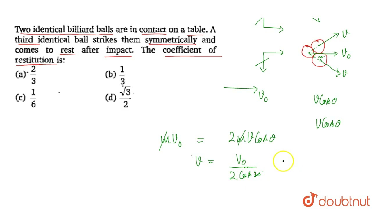 Two identical billiard balls are in contact on a table. A third identical ball strikes them symm...