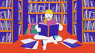 Preteen girl doing homework on library floor cartoon animation