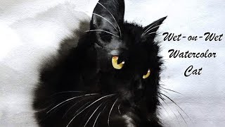 How to Paint a fluffy wet on wet black cat with watercolor and sumi ink in REAL TIME!