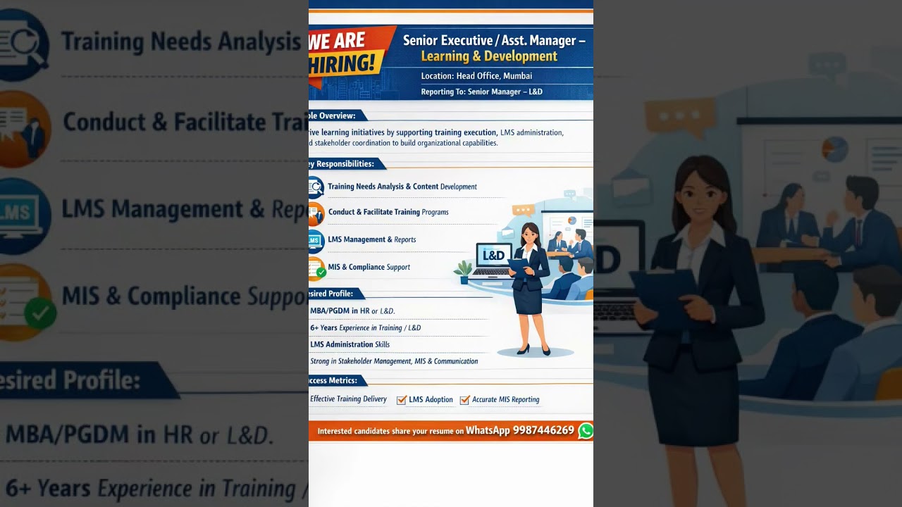 Top L&D Job in Mumbai 🔥 Senior Executive / Asst Manager 