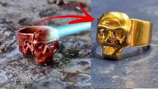 Biker Skull Ring | Making A Simple Golden Brass Ring | 3D Skull Ring How It's Made