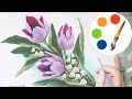 Paint  spring tulips  by a flat brush, One Stroke