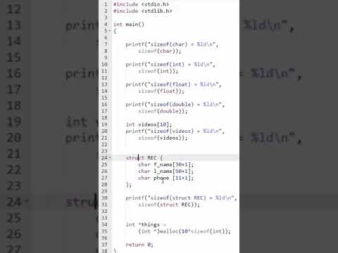 Lesson 23: C Programming - SizeOf - how many bytes does a variable or data type takes up. #shorts