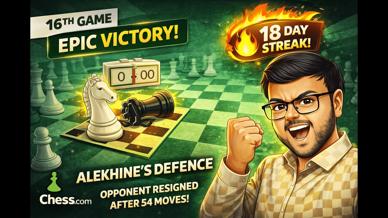 16th Chess.com Win AS WHITE! Alekhine's Defense Forces Resign After 54 Intense Moves! 18-Day Streak🔥