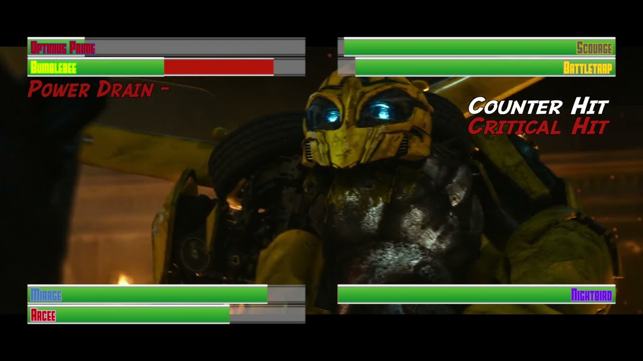 Optimus Prime, Bumblebee, Mirage, and Arcee vs Scourge, Battletrap, and Nightbird...with healthbars