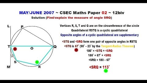 Paper2-CSEC-MATHS-391 ~ Circle Geometry & A Cyclic Quadrilateral ~ May/June 2007 Number 12biv