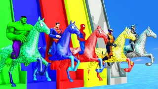 Red Horse Spiderman Crossing On Rainbow Fountain Bridge With Horse Superheroes Rescue Animals Game