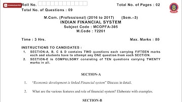 MCOM 3RD SEM PROF INDIAN FINANCIAL SYSTEM NOV 2019 | PTU