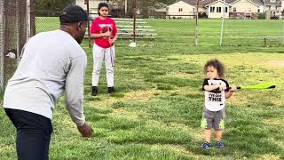 2 year old Lefty hitter, Eli Evege - batting practice with his granddad / Coach Donnie Evege Sr