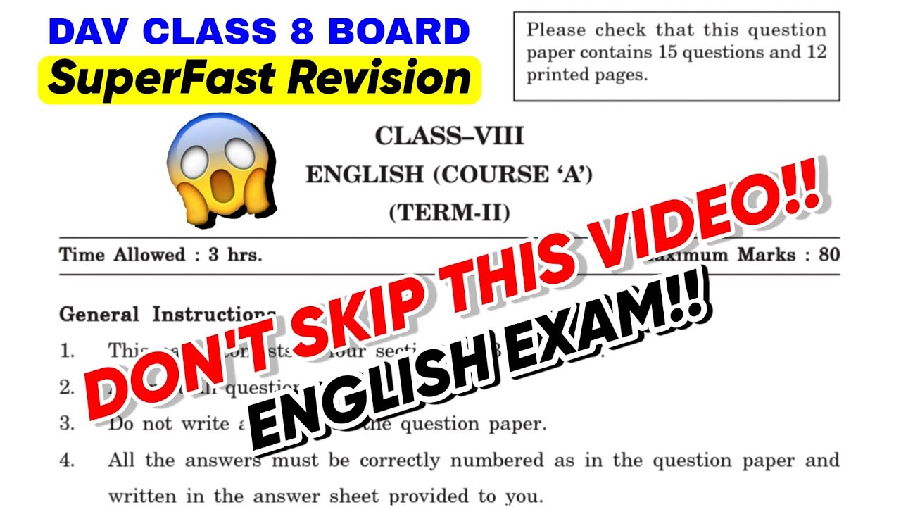 🙏Last Minute Revision | Dav Class 8 English Board Examination 2026 Most Important Questions One Shot