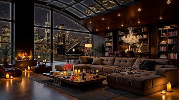 Cozy NYC Apartment Overlooking Brooklyn Bridge ❄️ Winter Night with Smooth Jazz Saxophone for Sleep