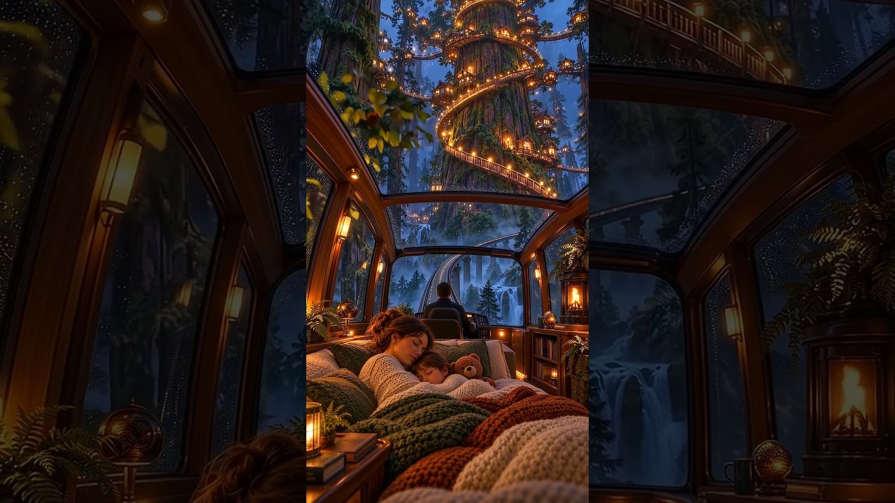 Cozy Forest Train Ambience 🌲 Rainy Treehouse City at Night