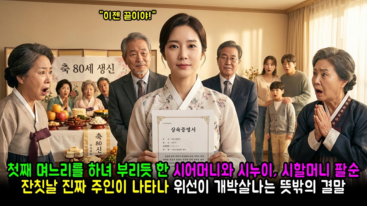 첫째 며느리를 하녀 부리듯 한 시어머니와 시누이, 시할머니 팔순 잔칫날 진짜 주인이 나타나 위선이 개박살나는 뜻밖의 결말