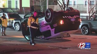 Crash leaves Woonsocket police cruiser on its roof