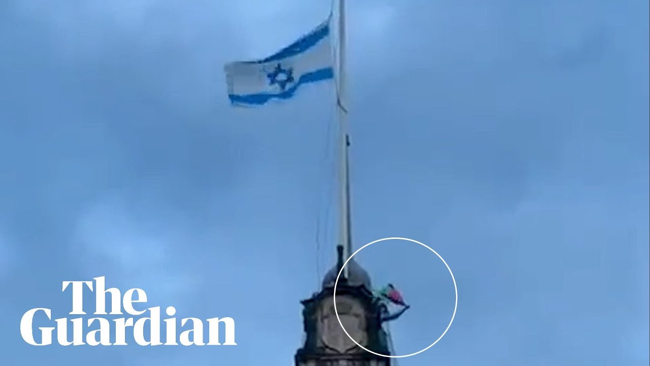 Pro Palestinian protester removes Israeli flag from Sheffield town hall