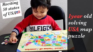 1year old recite 50 states of USA || Baby aayush solving USA map puzzle