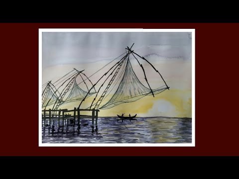 How to draw Chinese fishing nets of Malabar coast- Watercolor