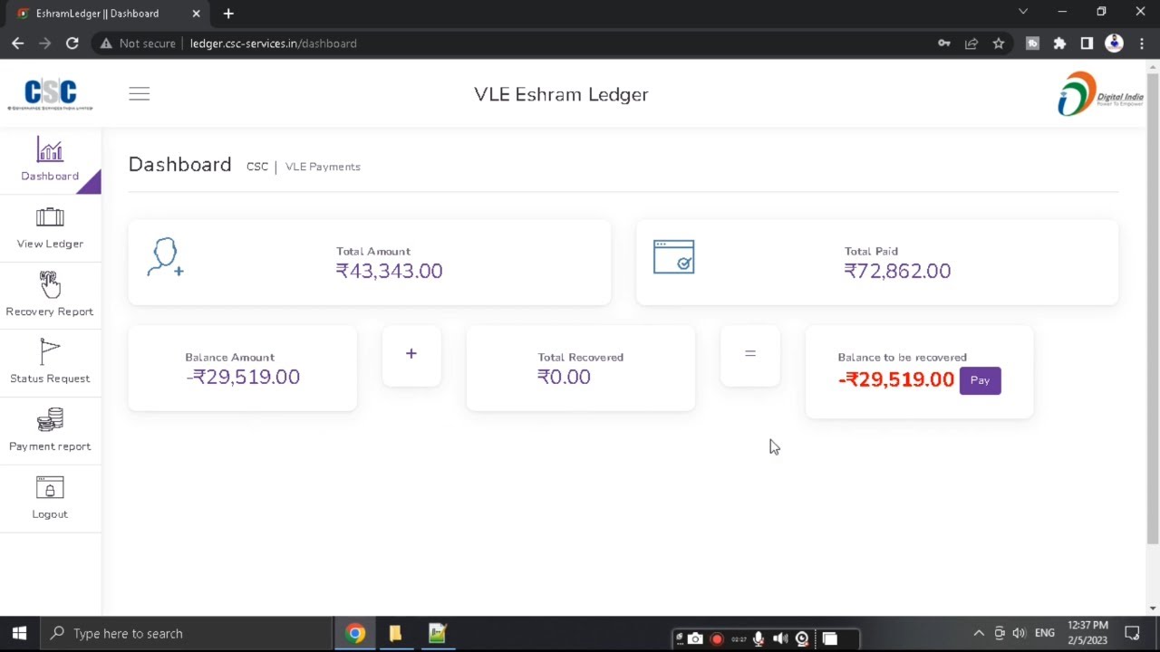 VLE Eshram payment and recovery details ledger.cscservices.in YouTube