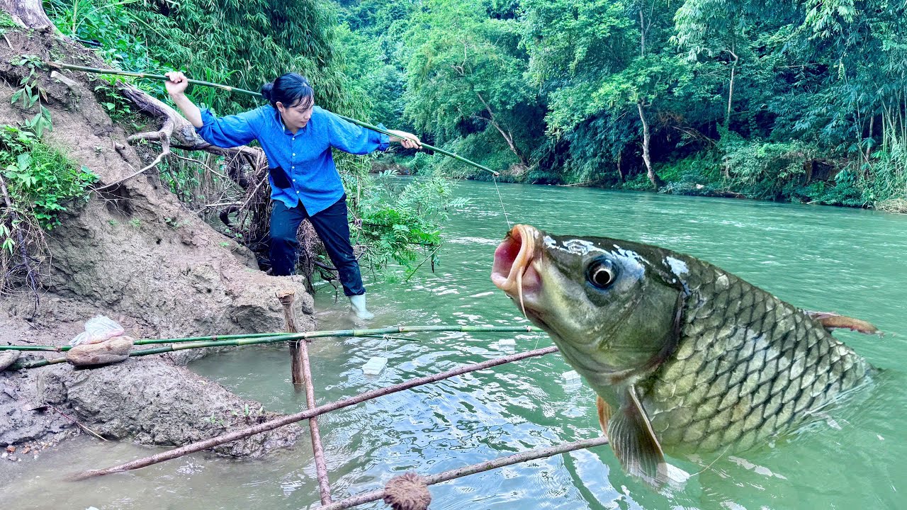 Girl ancient fishing skills helped him catch a large school of fish to sell at the country market.