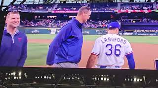 Texas Rangers 2025 award winner presentation 4/7/26 pregame #jumbotron Jake Burger Corey Seager 