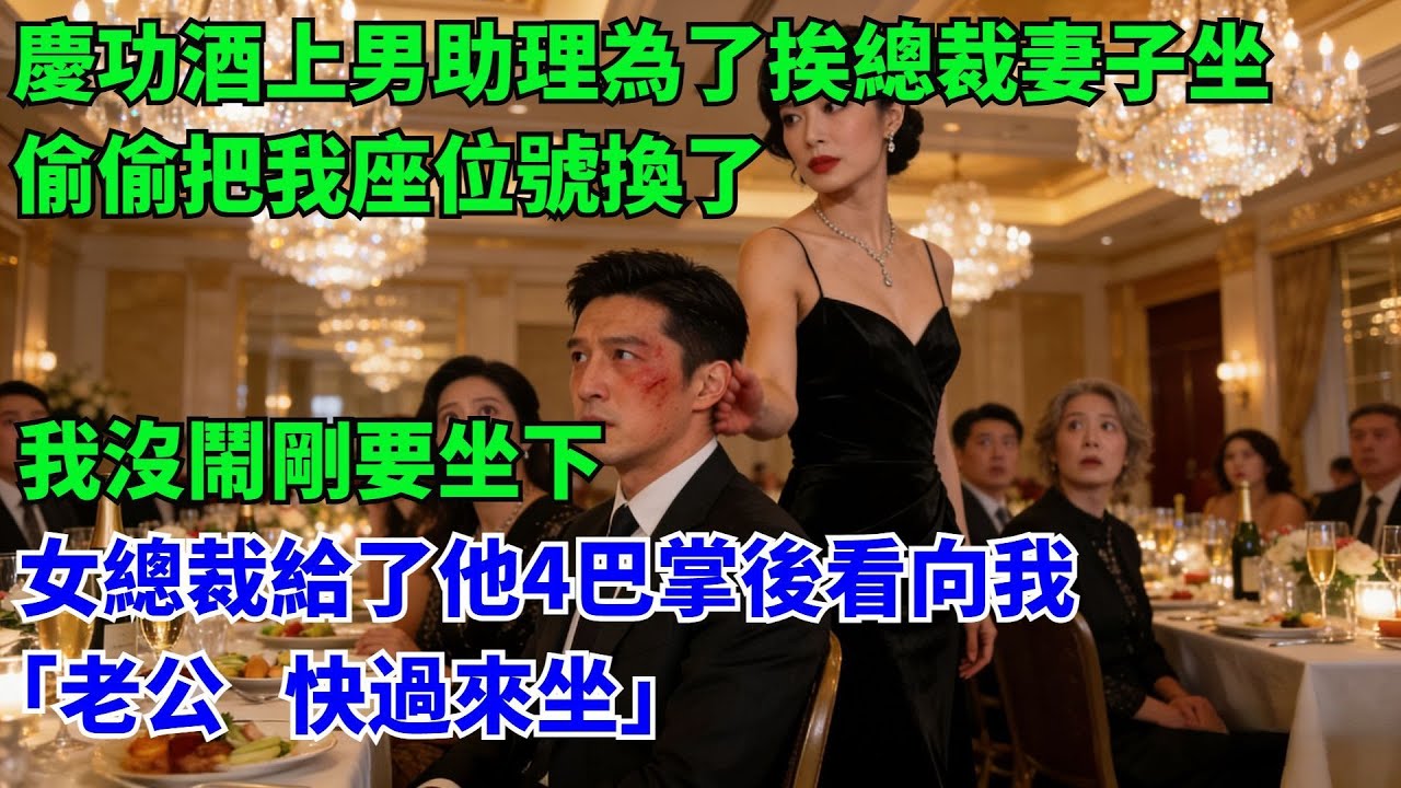 慶功酒上男助理為了挨總裁妻子坐，偷偷把我座位號換了，我沒鬧剛要坐下，女總裁給了他4巴掌後看向我：“老公，快過來坐！”#故事#小説#家庭矛盾#爽文