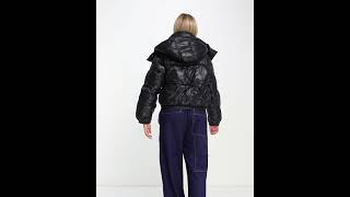 WEEKDAY | Shiny Blade High Shine Puffer Jacket Hooded Wetlook Black Women | ASOS