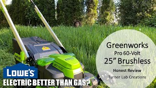 Review Greenworks Pro 60-Volt Brushless Self-Propelled 25-In Cordless Electric Lawn Mower