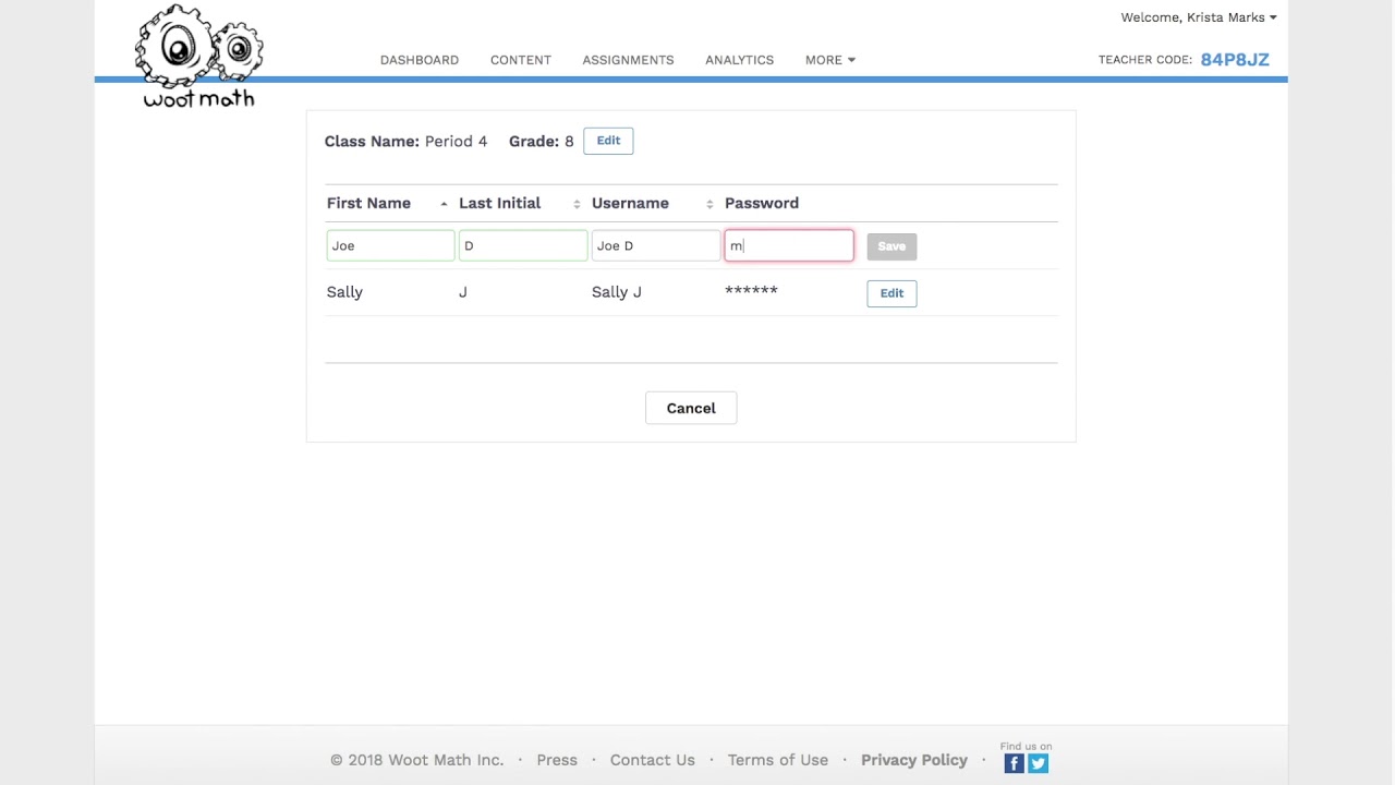 Woot Math Quick Guide on Class Setup