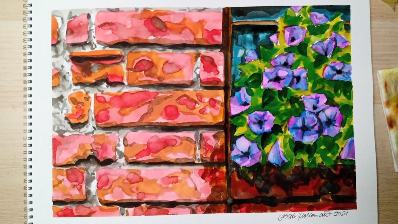 JAK NAMALOVAT cihlovou zeď a kytky v okně / How to paint brick wall and flowers in a window
